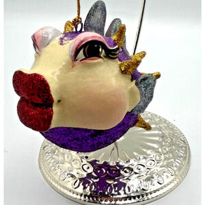 Vtg Katherines Collection Puffer Kissing Fish Ornament Pink Purple Red Lips Disc